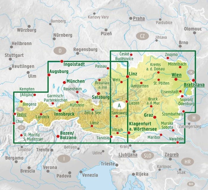 Austria 1:300 000. Mapa samochodowo-turystyczna wydawnictwa Freytag Berndt. Zasięg