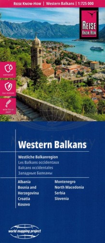 Bałkany zachodnie , Albania, Bośnia i Hercegowina, Chorwacja, Kosowo, Macedonia, Czarnogóra, Serbia, Słowenia. Wodoodporna mapa samochodowo wydania Reise Know-How. Okładka