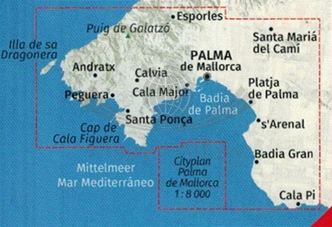 Majorka Zestaw czterech map turystycznych 2230 wydania Kompass. Mapa 1 - zasięg