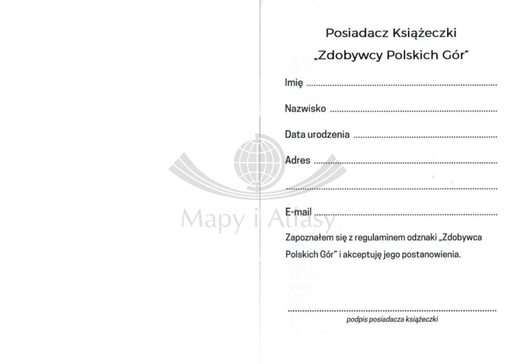 Książeczka odznaki Zdobywca Polskich Gór. Miejsce na dane