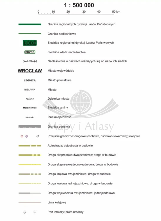 Polska 1:500 000. Mapa ścienna. Podział organizacyjny lasów państwowych wydawnictwa ArtGlob. Legenda