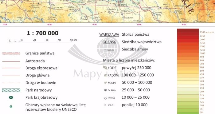 Polska 1:700 000. Dwustronna mapa ścienna fizyczna. Legenda