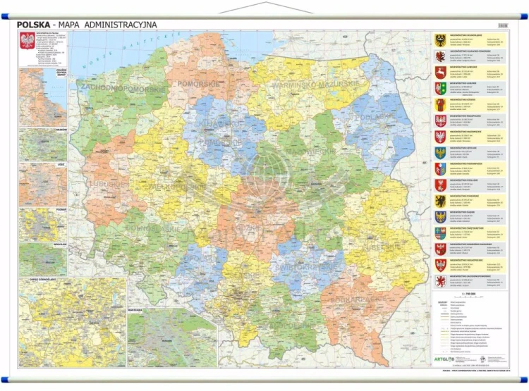 Polska 1:700 000. Dwustronna mapa ścienna. Administracyjna.