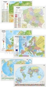 Polska, Europa, świat. Zestaw: 3 x laminowana, dwustronna podkładka na biurko / mapa planszowa. Polityczna / fizyczna. ArtGlob