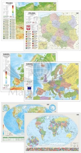 Polska, Europa, świat. Zestaw: 3 x laminowana, dwustronna podkładka na biurko / mapa planszowa. Polityczna / fizyczna. ArtGlob