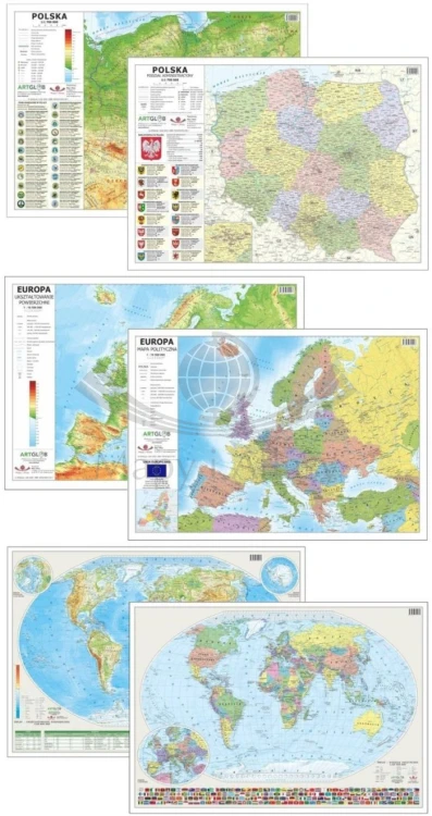 Polska, Europa, świat. Zestaw: 3 x laminowana, dwustronna podkładka na biurko / mapa planszowa. Polityczna / fizyczna. ArtGlob