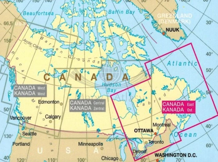 Kanada, część wschodnia. Wodoodporna mapa samochodowo-turystyczna wydawnictwa Reise Know-How. Zasięg