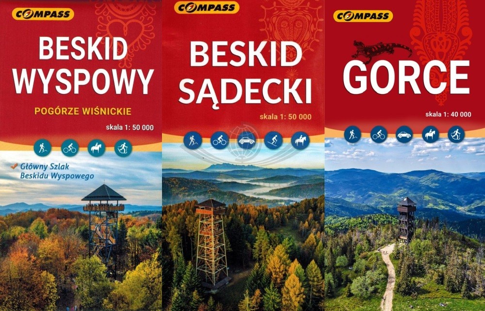 Beskid Wyspowy, Sądecki i Gorce. Zestaw: 3 x mapa turystyczna. Compass