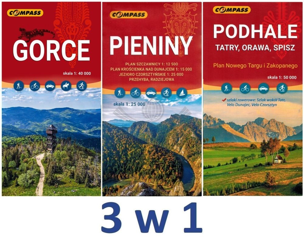 Gorce, Pieniny, Podhale i Tatry. Zestaw: 3 x mapa turystyczna. Compass