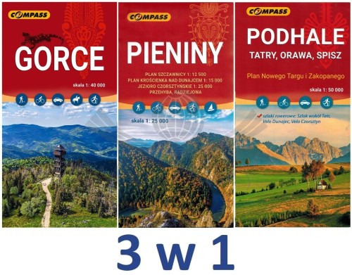 Gorce, Pieniny, Podhale i Tatry. Zestaw: 3 x mapa turystyczna wydawnictwa Compass.