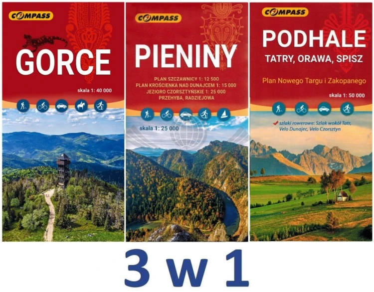 Gorce, Pieniny, Podhale i Tatry. Zestaw: 3 x mapa turystyczna wydawnictwa Compass.