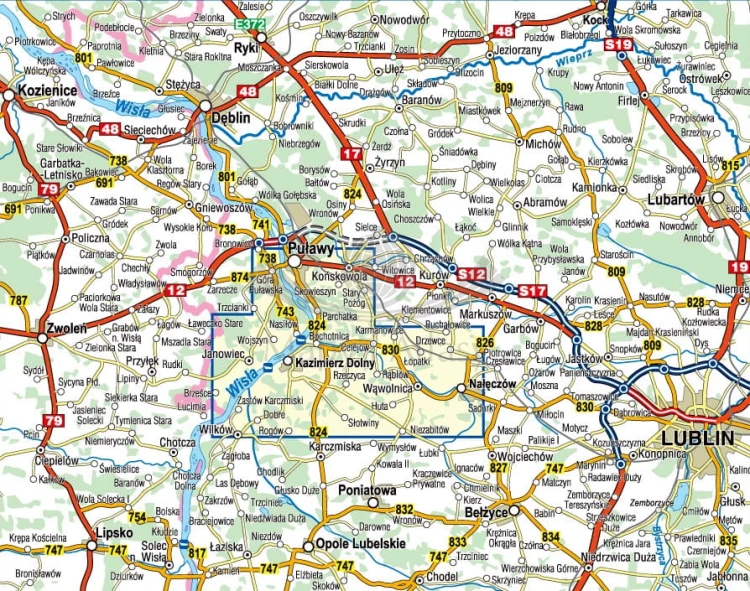 Kazimierz Dolny, Nałęczów, Puławy, Kazimierski Park Krajobrazowy. Mapa turystyczna wydawnictwa Compass. Zasięg