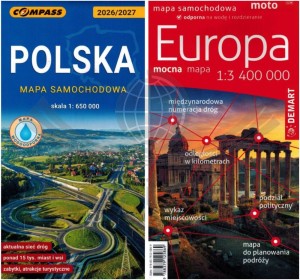 Polska 1:650 000 Compass + Europa 1:3 400 000 Demart.  Zestaw: laminowana mapa samochodowa x 2