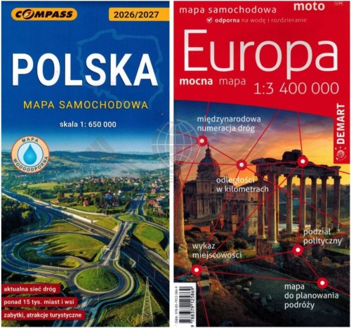 Polska 1:650 000 Compass + Europa 1:3 400 000 Demart.  Zestaw: laminowana mapa samochodowa x 2