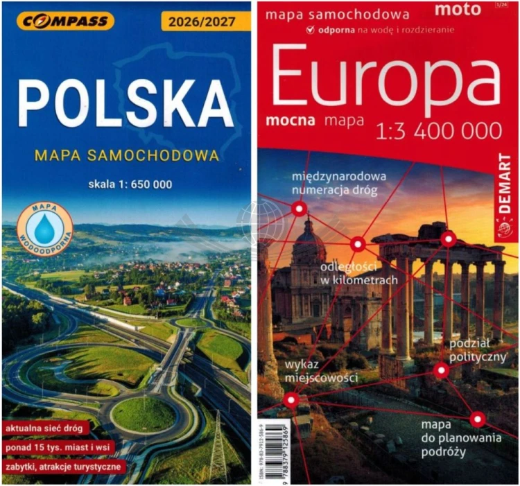 Polska 1:650 000 Compass + Europa 1:3 400 000 Demart.  Zestaw: laminowana mapa samochodowa x 2