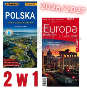 Polska 1:650 000 Compass + Europa 1:3 400 000 Demart.  Zestaw: laminowana mapa samochodowa x 2
