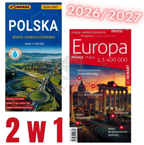 Polska 1:650 000 Compass + Europa 1:3 400 000 Demart.  Zestaw: laminowana mapa samochodowa x 2