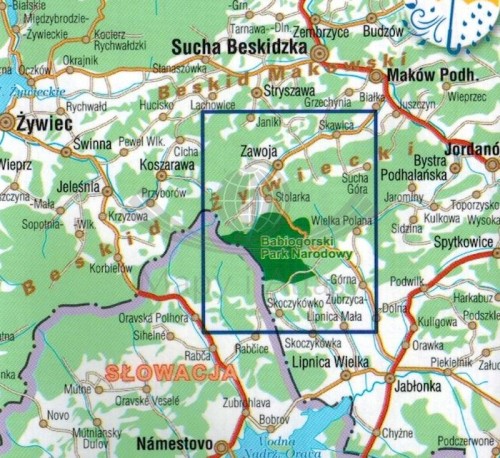 Babia Góra, Zawoja 1:30 000. Babiogórski Park Narodowy. Laminowana mapa turystyczna wydawnictwa Galileos. Zasięg