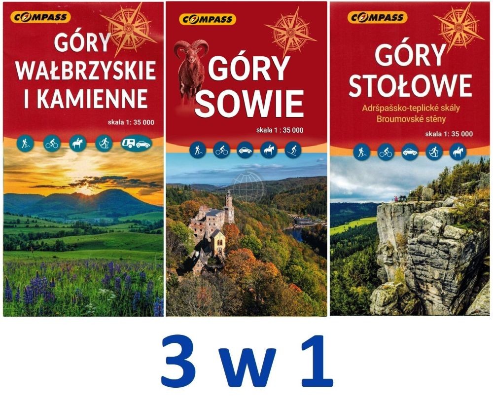 Góry Wałbrzyskie, Kamienne, Sowie i Stołowe. Zestaw: 3 x mapa turystyczna. Compass