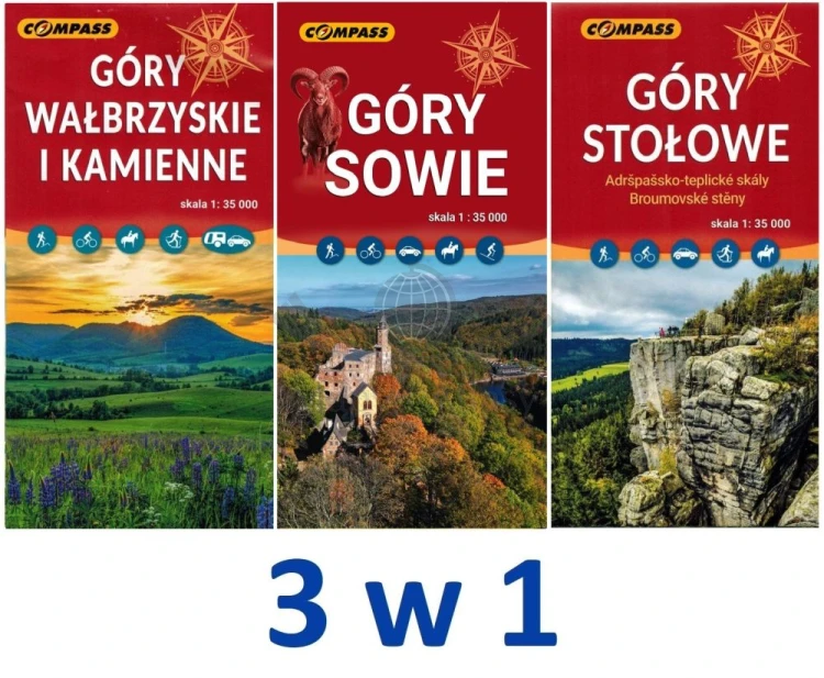 Góry Wałbrzyskie, Kamienne, Sowie i Stołowe. Zestaw trzech map turystycznych wydawnictwa Compass