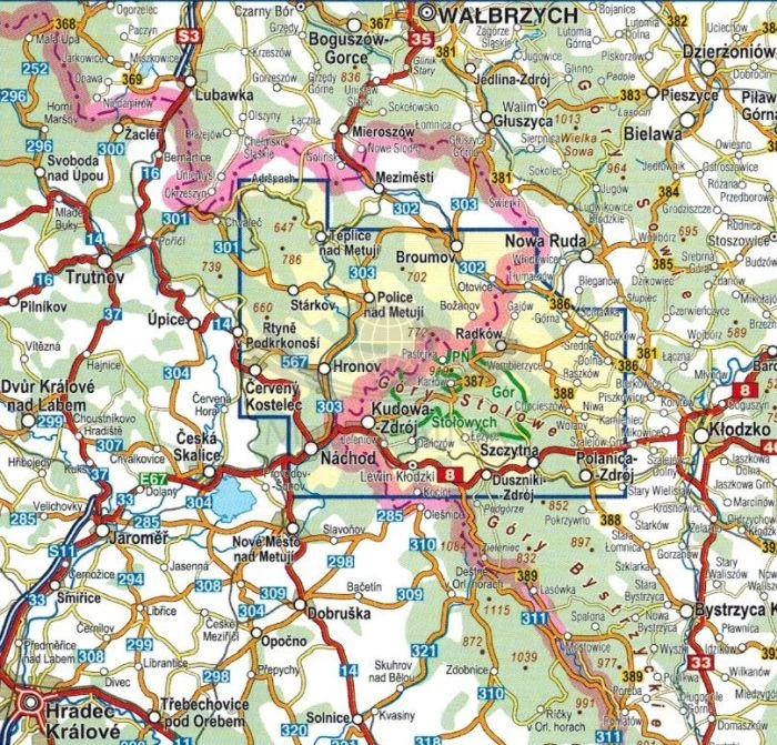 Góry Stołowe, Adrszpasko Teplickie Skały, Broumovske Steny. Mapa turystyczna wydawnictwa Compass. Zasięg