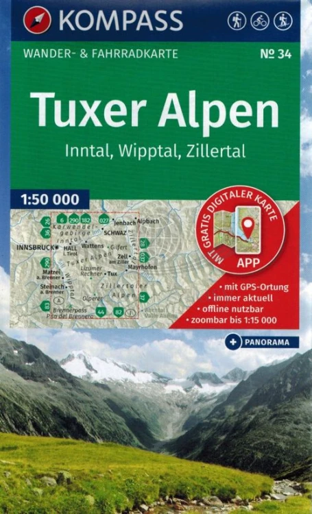Tuxer Alpen. Inntal, Wipptal, Zillertal 1:50 000. Mapa turystyczna 240 wydawnictwa Kompass. Okładka