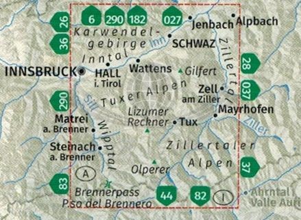 Tuxer Alpen. Inntal, Wipptal, Zillertal 1:50 000. Mapa turystyczna 240 wydawnictwa Kompass. Zasięg