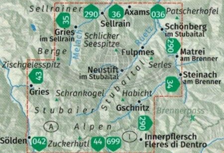 Stubaital 1:30 000. Wodoodporna mapa turystyczna 035 wydawnictwa Kompass. Zasięg