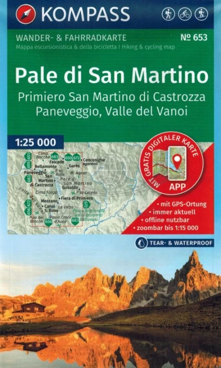 Pale di San Martino. Laminowana mapa turystyczna 653 wydawnictwo Kompass. Okładka