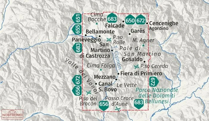 Pale di San Martino. Laminowana mapa turystyczna 653 wydawnictwo Kompass. Zasięg