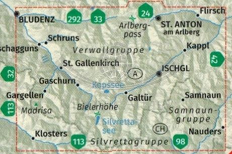Silvretta, Verwallgruppe. Laminowana mapa turystyczna 41 wydawcniwta Kompass. Zasięg
