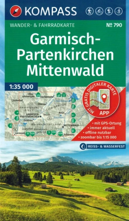 Garmisch - Partenkirchen Mittenwald. Laminowana mapa turystyczna 790 wydawnictwa Kompass. Okładka