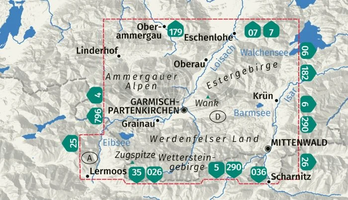 Garmisch - Partenkirchen Mittenwald. Laminowana mapa turystyczna 790 wydawnictwa Kompass. Zasięg