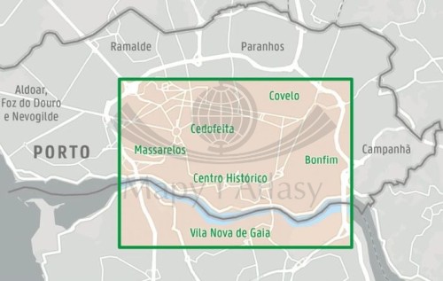 Porto 1:10 000. Wodoodporny plan miasta wydawnictwa Freytag Berndt. Zasięg
