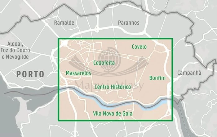 Porto 1:10 000. Wodoodporny plan miasta wydawnictwa Freytag Berndt. Zasięg