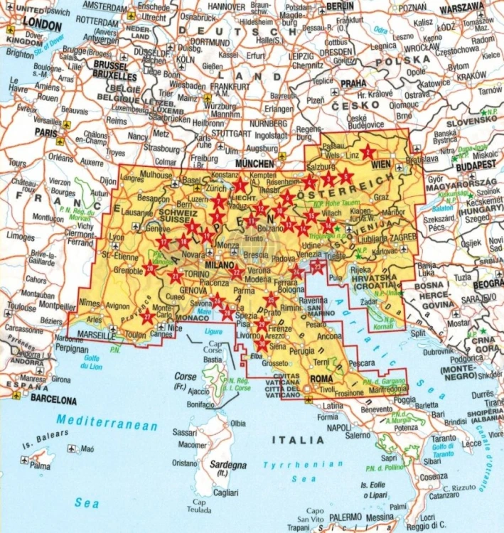 Alpy. Północne Włochy. Atlas samochodowo-turystyczny wydawnictwa Marco Polo. Zasięg