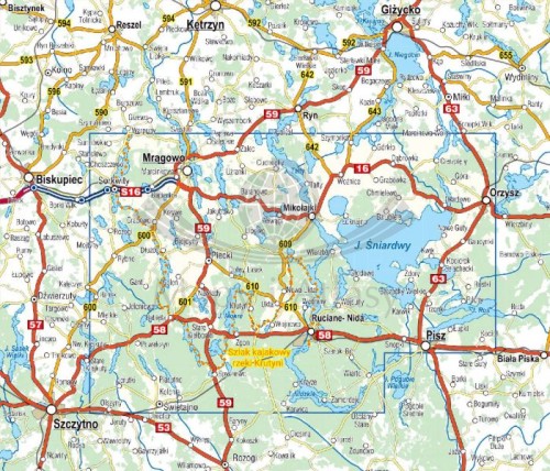 Mazury. Szlak Krutyni, Jezioro Śniardwy. Mapa turystyczna wydawnictwa Compass. Zasięg