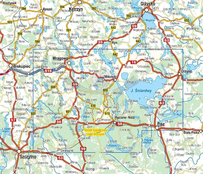 Mazury. Szlak Krutyni, Jezioro Śniardwy. Mapa turystyczna wydawnictwa Compass. Zasięg