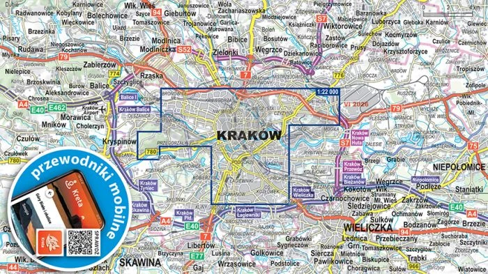 Kraków. Laminowana mapa / Plan miasta + Miniprzewodnik wydawnictwa ExpressMap. Zasięg