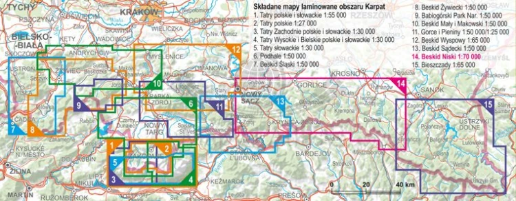 Beskid Niski 1:70 000. Laminowana mapa turystyczna wydawnictwa ExpressMap. Zasięg