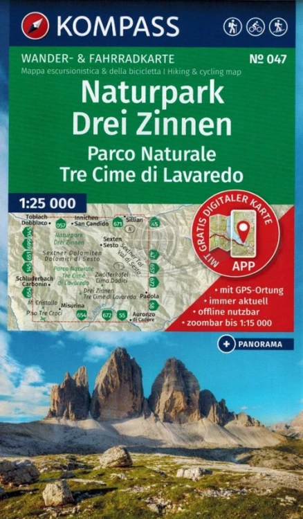 Naturpark Drei Zinnen / Tre Cime di Lavaredo. Mapa turystyczna 047 wydawnictwa Kompass. Okładka