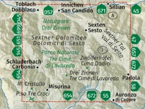 Naturpark Drei Zinnen / Tre Cime di Lavaredo. Mapa turystyczna 047 wydawnictwa Kompass. Zasięg