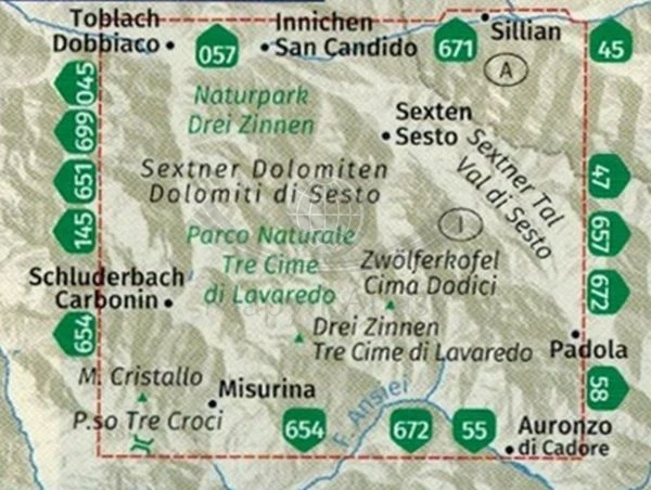 Naturpark Drei Zinnen / Tre Cime di Lavaredo. Mapa turystyczna 047 wydawnictwa Kompass. Zasięg
