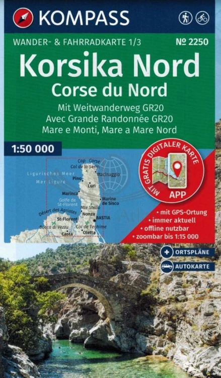 Korsyka, część północna. Zestaw trzech map turystycznych 2250 wydawnictwa Kompass. Mapa 1 - okładka