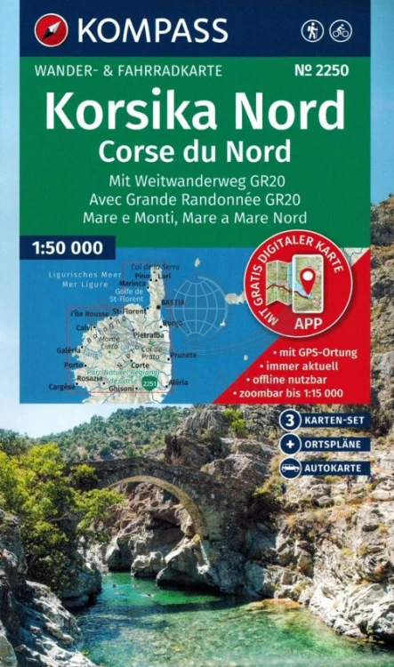 Korsyka, część północna. Zestaw trzech map turystycznych 2250 wydawnictwa Kompass. Okładka zestawu