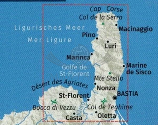 Korsyka, część północna. Zestaw trzech map turystycznych 2250 wydawnictwa Kompass. Mapa 1 - zasięg