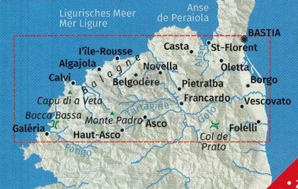 Korsyka, część północna. Zestaw trzech map turystycznych 2250 wydawnictwa Kompass. Mapa 2 - zasięg