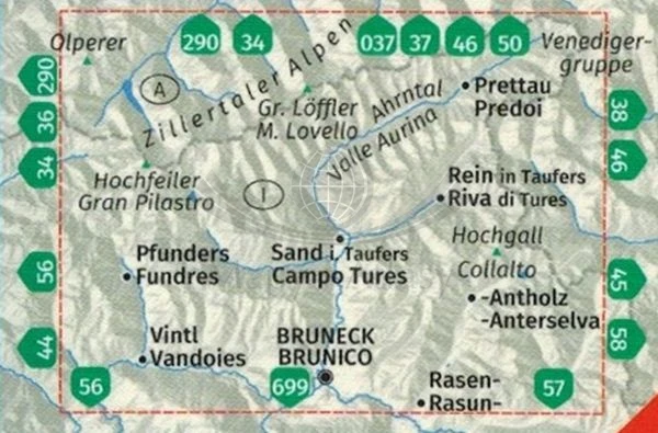 Południowy Tyrol / Tauferer Ahrntal. Valli di Tures e Aurina. Wodooprona mapa turystyczna 82 wydawnictwa Kompass. Zasięg