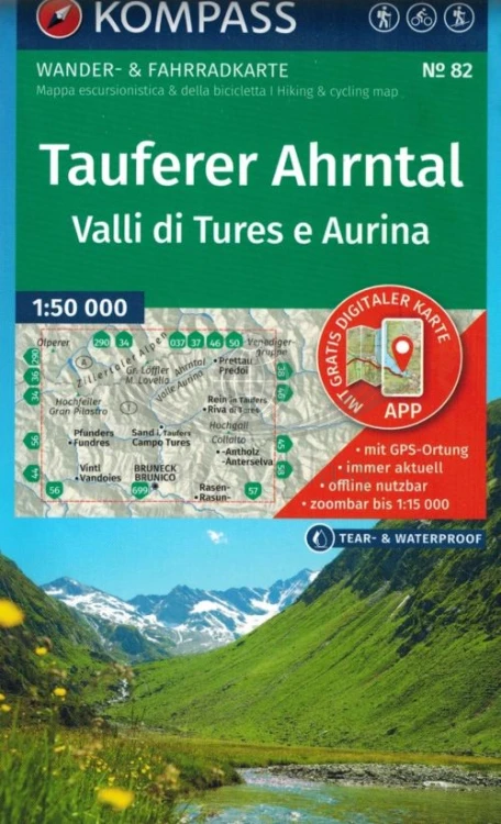Południowy Tyrol / Tauferer Ahrntal. Valli di Tures e Aurina. Wodooprona mapa turystyczna 82 wydawnictwa Kompass. Okładka