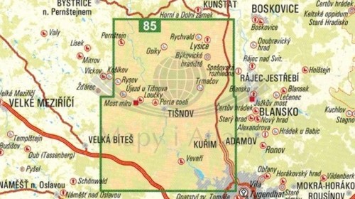Brno, północne okolice / Tisnovsko, Blansko. Mapa turystyczna 85 wydawnictwa Geodezie On Line. Zasięg
